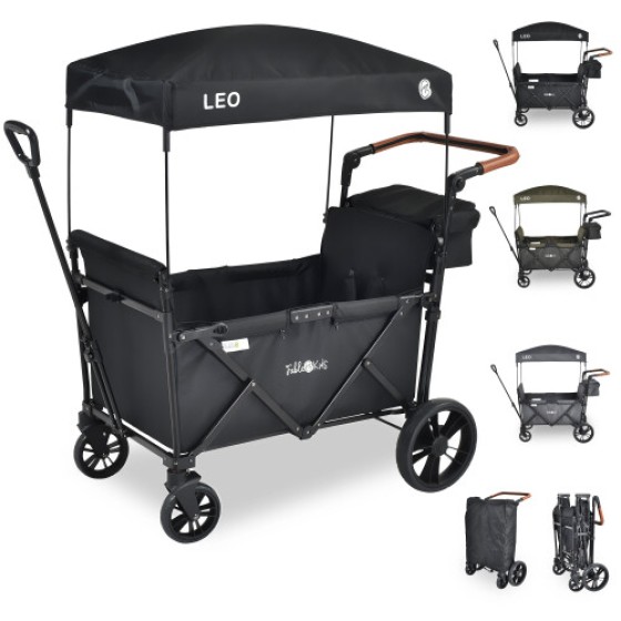 FableKids LEO X2Lite 折りたたみハンドカート（屋根付き） - オニキスブラック、2シート、80kg積載、360度回転ホイール、5点式ハーネス